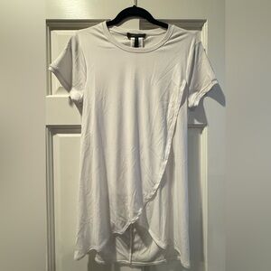 BCBG White Short Sleeve Crew Neck Surplus Wrap Front Draped Back Tunic